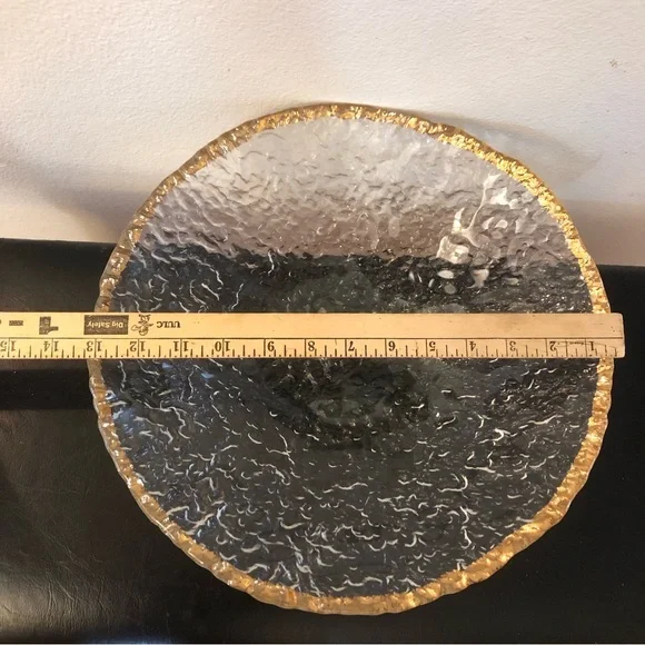 Mid Century Modern Large Glass Bowl with Gold Trim and Wavy Glass 1950s